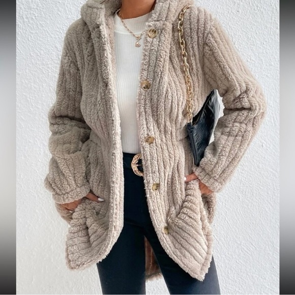 Cozy teddy Button Down Hoodie Jacket Coat - Picture 2 of 6